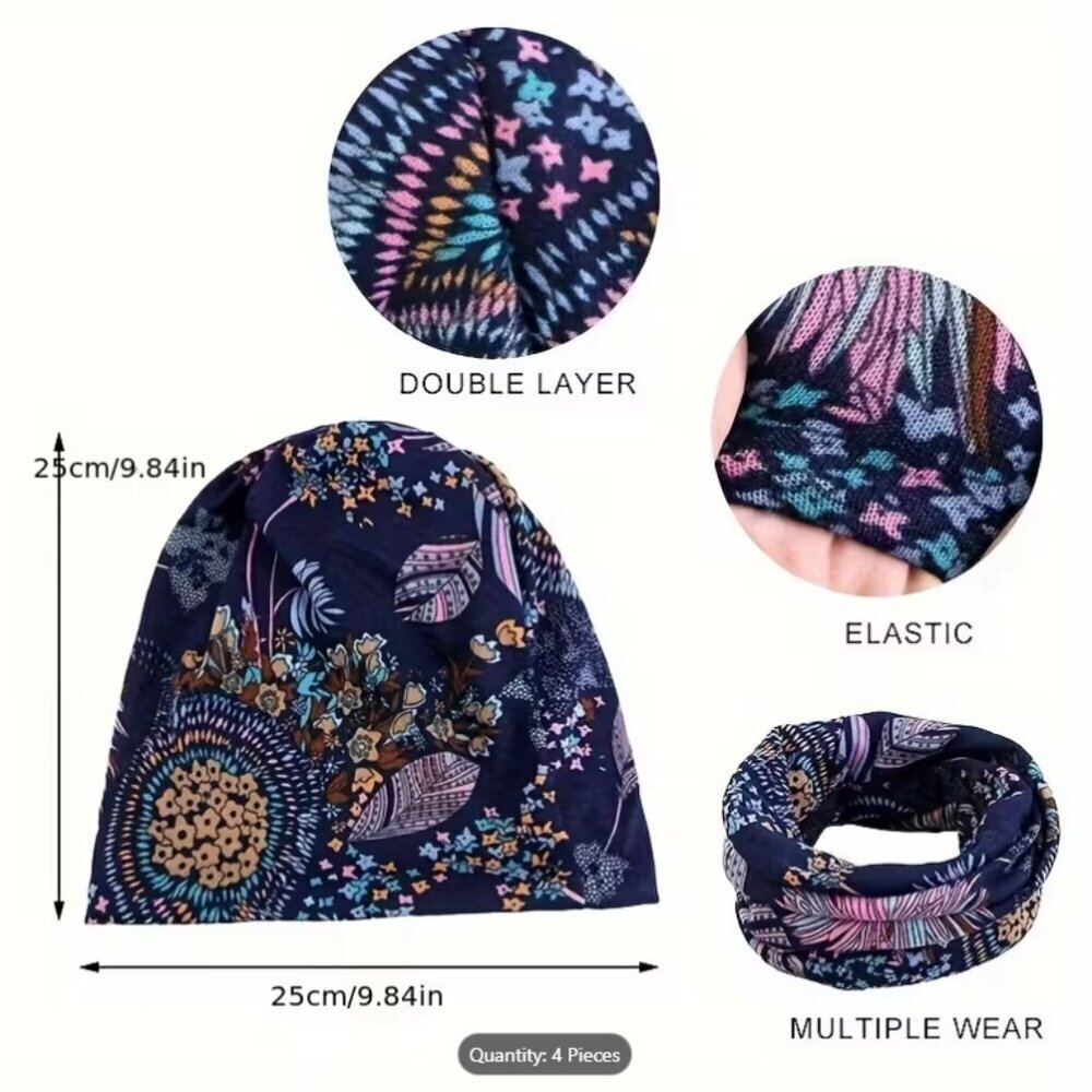 Set of 4 Boho Floral Beanie Hats Lightweight Cozy Autumn/Winter Headscarves - Picture 2 of 2